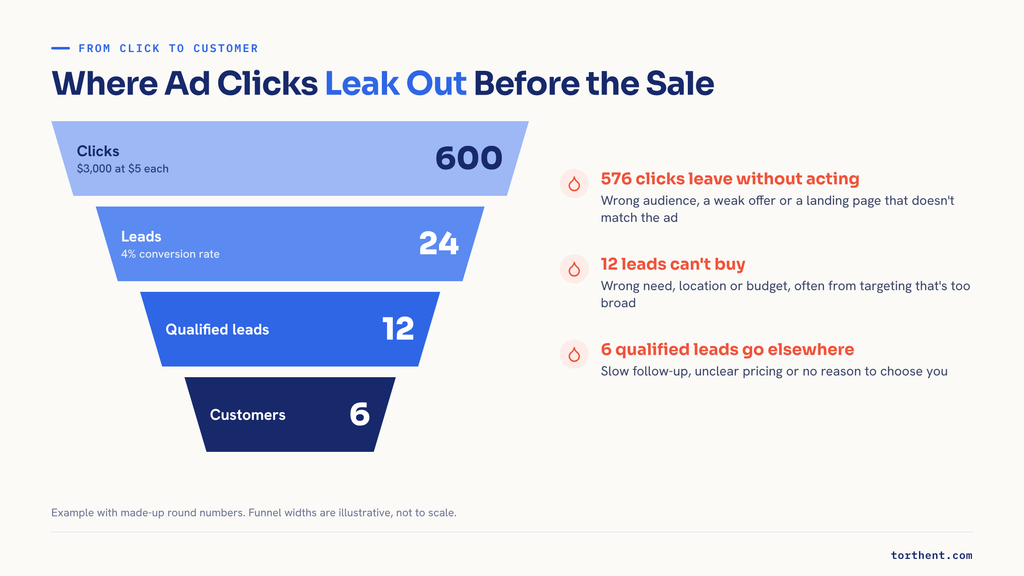 Funnel showing ad clicks dropping from 600 clicks to 24 leads, 12 qualified leads and 6 customers